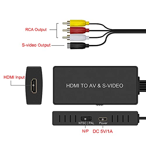 HDMI to AV and S-Video Converter HDMI to Audio Video Converter HDMI to RCA Adapter with Svideo Cable Support 720P/1080p for Roku /Xbox / STB/ VCR/ Blu-ray/ DVD/ PS3/ Laptop/ TV/ Projector etc