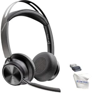 plantronics poly voyager focus 2 uc, stereo bluetooth headset, usb-a, connects to deskphone, pc/mac, smartphone – works with teams, zoom, ringcentral, 8×8, vonage, global teck microfiber included