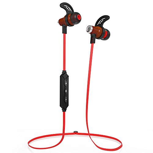 Symphonized NRG Bluetooth Wireless Wood in-Ear Noise-isolating Headphones, Earbuds, Earphones with Mic & Volume Control (Red)