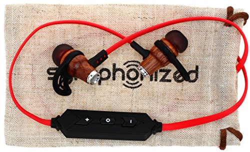 Symphonized NRG Bluetooth Wireless Wood in-Ear Noise-isolating Headphones, Earbuds, Earphones with Mic & Volume Control (Red)