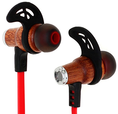 Symphonized NRG Bluetooth Wireless Wood in-Ear Noise-isolating Headphones, Earbuds, Earphones with Mic & Volume Control (Red)