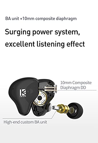 Kinboofi KBEAR KS2 in Ear Earphone, 1BA 1DD Stereo IEM, HiFi Noise Cancelling Sport Hybrid Headphones with PCB Frequency Board, 2 PIN Detachable Cable, for Audiophile (with Mic, Black)