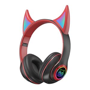 kids wireless headphone foldable bluetooth earphones with mic devil luminous gaming headphone for girls boys stereo cord over ear headset for volume adjustable birthday gift for children teens (red)