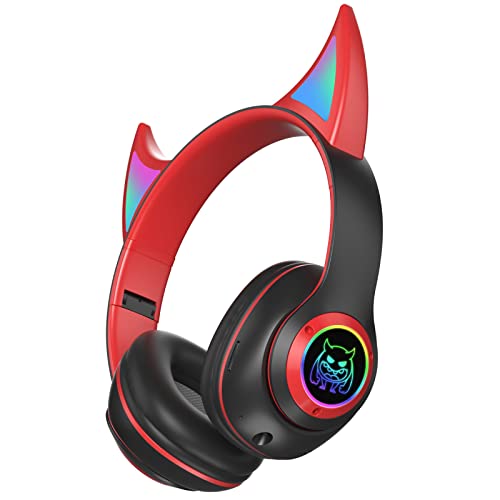 Kids Wireless Headphone Foldable Bluetooth Earphones with Mic Devil Luminous Gaming Headphone for Girls Boys Stereo Cord Over Ear Headset for Volume Adjustable Birthday Gift for Children Teens (Red)