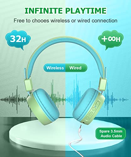 Link Dream Kids Wireless Headphones V5.0 Bluetooth Kids Headphones w/Mic 32H Playtime Soft Padded Stereo Childrens Headphones for Boys Girls School iPad Tablet Cellphons Laptop, Matcha Green
