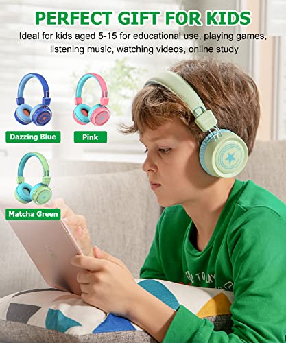 Link Dream Kids Wireless Headphones V5.0 Bluetooth Kids Headphones w/Mic 32H Playtime Soft Padded Stereo Childrens Headphones for Boys Girls School iPad Tablet Cellphons Laptop, Matcha Green