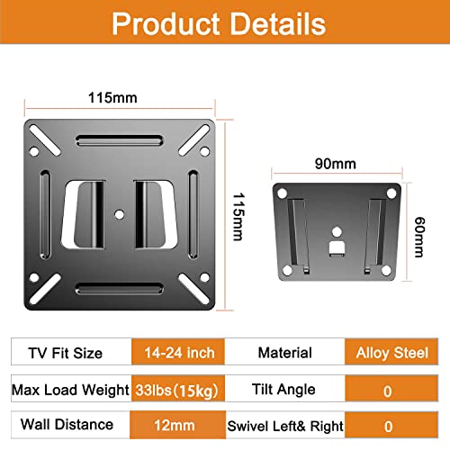 ASMXQY Monitor Wall Mount for Most 14-24" TVs, Universal Camper Small TV Wall Mount Bracket Fixed RV TV Mount Max Load 33lbs VESA up to 100x100mm 17 19 22 23 inch Low Profile Computer Monitor Mounts