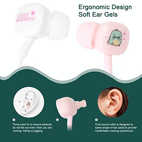 QearFun Cute Earbuds for Kids, Kid Size Cute Earbud with Microphone for Girls & Boys, Soft Dinosaur in-Ear Headphones Wired Gift for School with Lovely Earphones Storage Case