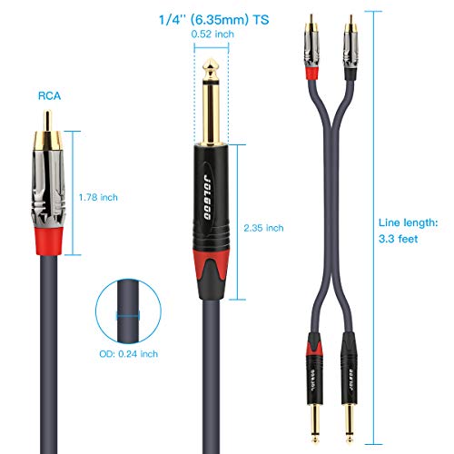 JOLGOO RCA to 1/4 Cable, Dual RCA to Dual 1/4 TS Stereo Interconnect Cable, 2 6.35mm Male TS to 2 RCA Male Stereo Audio Adapter Cable, 3.3 Feet