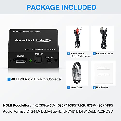 HDMI Audio Extractor 4K, avedio links HDMI Audio Splitter Converter, HDMI to HDMI Audio Adapter (3.5mm Aux Stereo + Optical Toslink SPDIF), HDMI Sound Extractor for PS5, Xbox (RCA Audio Cable Include)