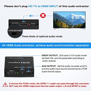 HDMI Audio Extractor 4K, avedio links HDMI Audio Splitter Converter, HDMI to HDMI Audio Adapter (3.5mm Aux Stereo + Optical Toslink SPDIF), HDMI Sound Extractor for PS5, Xbox (RCA Audio Cable Include)