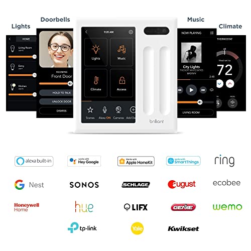 Brilliant Smart Home Control (4-Switch Panel) — Alexa Built-In & Compatible with Ring, Sonos, Hue, Google Nest, Wemo, SmartThings, Apple HomeKit — In-Wall Touchscreen Control for Lights, Music, & More