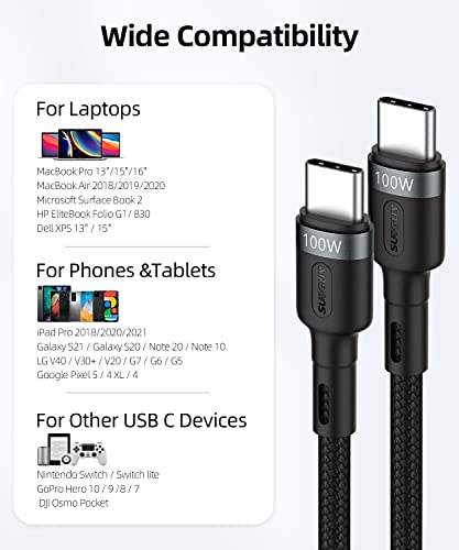 SUNGUY USB C to USB C Cable 1FT, 100W Type C to Type C Cord USB 2.0 Data Sync Fast Charging Nylon Braided Compatible with Samsung S22 S21 S20+ S10, MacBook Pro 2021/20, iPad Pro 2020/Mini, Pixel