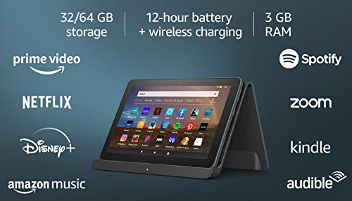 Fire HD 8 Plus tablet, HD display, 64 GB, our best 8" tablet for portable entertainment, Slate, without lockscreen ads + Made for Amazon, Wireless Charging Dock