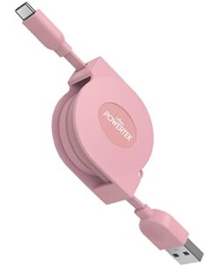 liquipel powertek usb type c cable, retractable, fast charge, compact, 3ft, pastel colors (pink)