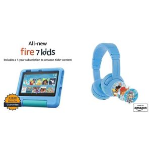 fire 7 kids tablet bundle. includes fire 7 kids tablet | blue & made for amazon playtime volume limiting bluetooth kids headphones age (3-7) | blue