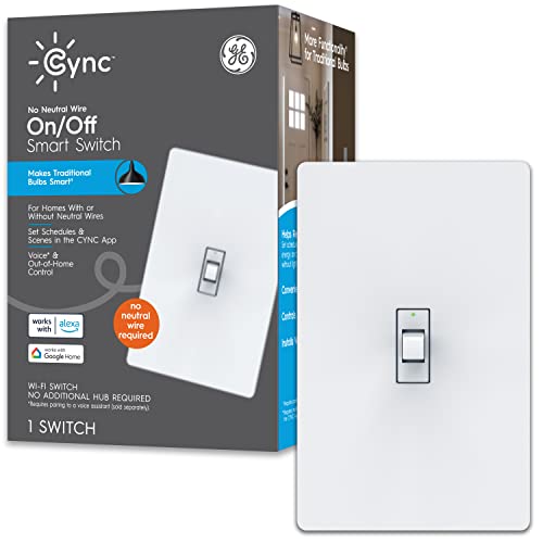 GE CYNC Smart Light Switch On/Off Toggle Style, No Neutral Wire Required, Bluetooth and 2.4 GHz Wi-Fi 3-Wire Switch, Works with Alexa and Google Home