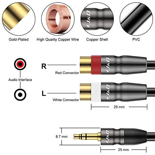 J&D 3.5 mm to Dual RCA Audio Cable, Heavy Duty 3.5mm Male to 2 RCA Female Gold Plated Copper Shell Stereo Audio Adapter Cable, 6 Feet