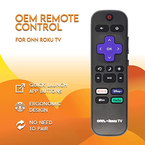 OEM Remote Control for ONN Roku TV No Pairing Includes Volume Control Buttons & Netflix, Disney+, Apple TV+, Hulu hotkeys (3226001051 ROKU) (Renewed)