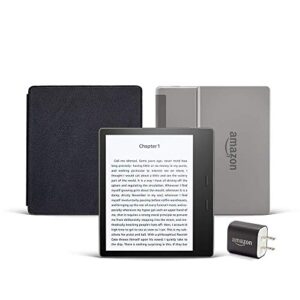 kindle oasis essentials bundle including kindle oasis (graphite, ad-supported), amazon leather cover, and power adapter