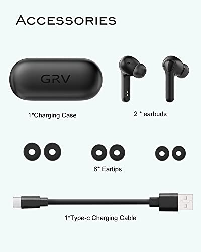 Wireless Earbuds, GRV T5 Bluetooth 5.0 Earbuds with Microphone 34H Playtime Touch Control Clear Call IPX7 Waterproof, Earbud & in-Ear Headphones for Sports (Black)