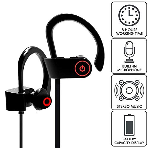 Wireless Bluetooth Neckband Headphones, U8 Ear Sweatproof Sport Earphones with Ear Hooks, Noise Cancelling, Stereo Headset with Mic, Sweat Proof, Sport Gym, Black