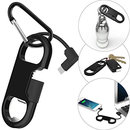 i-Dawn Compatible iPhone Charge Cable + Keychain + Bottle Opener + Aluminum Carabiner,Portable Multifunction Keychain Bottle Opener USB Charging Cord Short Cable Gift Men Women (Black)