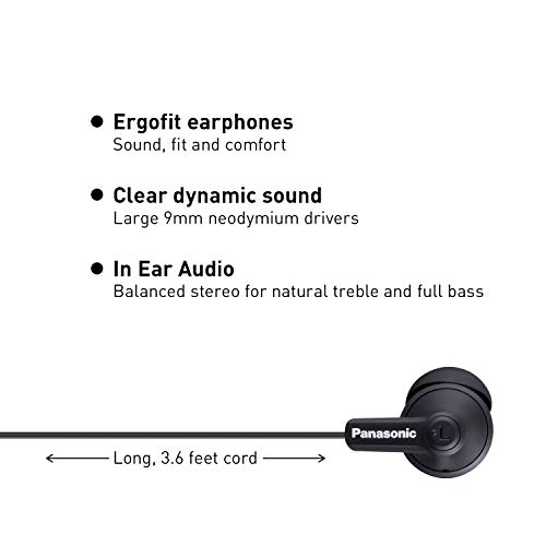 Panasonic ErgoFit In-Ear Earbud Headphones RP-HJE120-KA (Matte Black) Dynamic Crystal-Clear Sound, Ergonomic Comfort-Fit (Renewed)