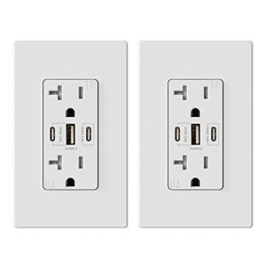 elegrp 30w 6.0 amp 3-port usb wall outlet, 20a receptacle with dual usb type c & type a ports, usb charger for iphone/ipad/samsung/lg/htc/android devices, ul listed, w/ wall plate, 2 pack, matte white