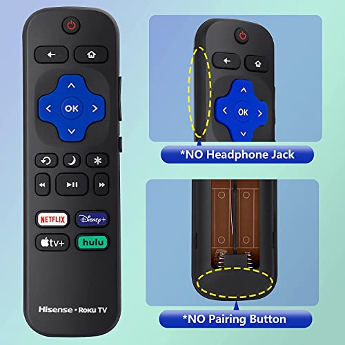 Amtone New Replacement Remote for Hisense ROKU Smart TVs with Netflix Disney Hulu VUDU Keys fits for 50H4 55H4 48H4 40H4 R6070 50R7E 32H4C 32H4D 32H4E (Netflix/Disney+/Apple TV+/hulu)