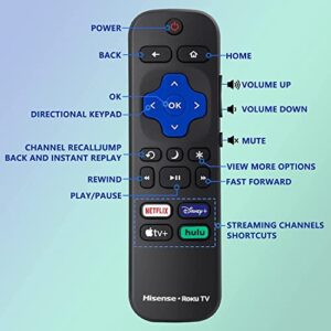 Amtone New Replacement Remote for Hisense ROKU Smart TVs with Netflix Disney Hulu VUDU Keys fits for 50H4 55H4 48H4 40H4 R6070 50R7E 32H4C 32H4D 32H4E (Netflix/Disney+/Apple TV+/hulu)