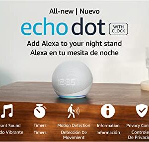 All-New Echo Dot (5th Gen, 2022 release) with clock | International Version with US Power Adaptor | Smart speaker with clock and Alexa | Glacier White