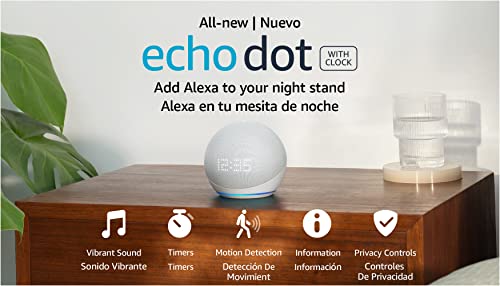 All-New Echo Dot (5th Gen, 2022 release) with clock | International Version with US Power Adaptor | Smart speaker with clock and Alexa | Glacier White