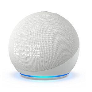 all-new echo dot (5th gen, 2022 release) with clock | international version with us power adaptor | smart speaker with clock and alexa | glacier white