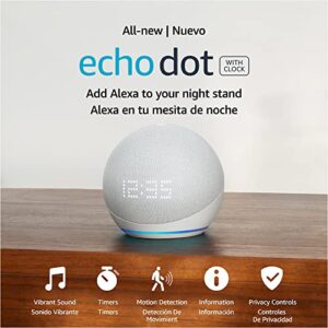 All-New Echo Dot (5th Gen, 2022 release) with clock | International Version with US Power Adaptor | Smart speaker with clock and Alexa | Glacier White