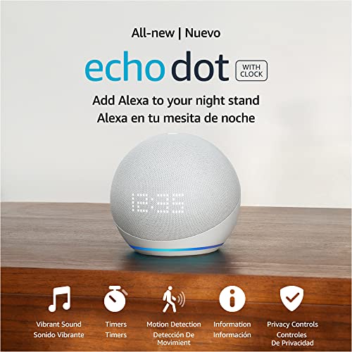 All-New Echo Dot (5th Gen, 2022 release) with clock | International Version with US Power Adaptor | Smart speaker with clock and Alexa | Glacier White