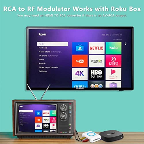 RF Modulator RCA Coaxial Adapter VHF Demodulator Converter w/Antenna (ANT) in/Out & Channel Switch for Roku Fire Stick PS3 PS4 PS5 DVD VCRs Cable Box AV Composite Video to Analog NTSC Coax Old TV