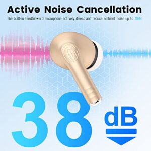 Wireless Earbuds Active Noise Cancelling, Bluetooth 5.1 Ear Buds Deep Bass 24H Playtime with 4 ENC Microphone for Call Clear, IPX7 Waterproof Earphones in-Ear Stereo Headphones for Sports Gaming Gold