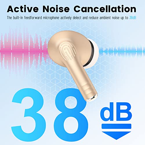 Wireless Earbuds Active Noise Cancelling, Bluetooth 5.1 Ear Buds Deep Bass 24H Playtime with 4 ENC Microphone for Call Clear, IPX7 Waterproof Earphones in-Ear Stereo Headphones for Sports Gaming Gold