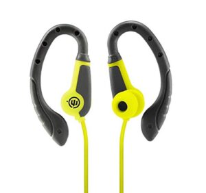 wicked audio fight — sweat resistant earbuds — earbud headphones for exercise — wired headphones with microphone and track control, tangle-free cord and flex grip — lime