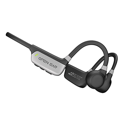 Open Ear Waterproof Bone Conduction Headphones with Built in Memory, Bluetooth, Microphone, Voice Control, for Outdoor Sports, Lightweight Titanium Band, Up to 8H Play, Cable and Ear Plugs Included