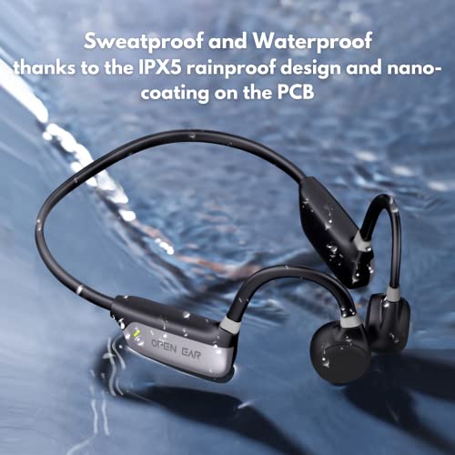 Open Ear Waterproof Bone Conduction Headphones with Built in Memory, Bluetooth, Microphone, Voice Control, for Outdoor Sports, Lightweight Titanium Band, Up to 8H Play, Cable and Ear Plugs Included