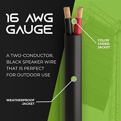 GearIT 16/2 Speaker Wire (100 Feet) 16 Gauge (Copper Clad Aluminum) - Outdoor Direct Burial in Ground/in Wall / CL3 CL2 Rated / 2 Conductors - CCA, Black 100ft