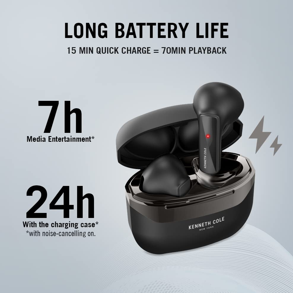 Kenneth Cole True Wireless Earbuds Bluetooth 5.1 Headphones with Environment Noise Cancellation, Voice Assistant, and Mic - One-Touch Controls Built for Sports, Gaming, and Leisure - Black