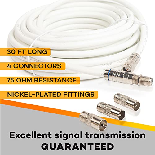 ASNQ RG6 Coaxial Cable Connector Set 75 OHM - High-Speed Premium Coax Cable 30FT - for Internet Digital TV Satellite and Aerial Connections - Includes 4 Extension Couplers to Connect Cable Extensions