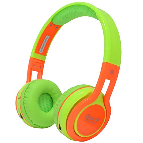 Contixo KB-2600 Kids Over Ear Foldable Bluetooth Headphones - Kids Safe 85dB with Volume Limiting - Built-in Microphone - Micro SD Card Slot - FM Stereo Radio - Phone Controls (Green + Orange)