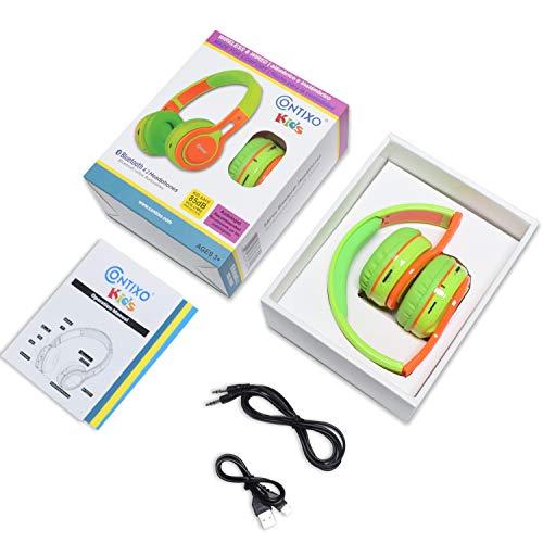 Contixo KB-2600 Kids Over Ear Foldable Bluetooth Headphones - Kids Safe 85dB with Volume Limiting - Built-in Microphone - Micro SD Card Slot - FM Stereo Radio - Phone Controls (Green + Orange)