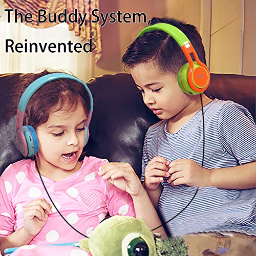 Contixo KB-2600 Kids Over Ear Foldable Bluetooth Headphones - Kids Safe 85dB with Volume Limiting - Built-in Microphone - Micro SD Card Slot - FM Stereo Radio - Phone Controls (Green + Orange)