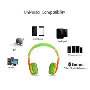 Contixo KB-2600 Kids Over Ear Foldable Bluetooth Headphones - Kids Safe 85dB with Volume Limiting - Built-in Microphone - Micro SD Card Slot - FM Stereo Radio - Phone Controls (Green + Orange)