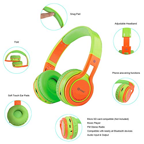 Contixo KB-2600 Kids Over Ear Foldable Bluetooth Headphones - Kids Safe 85dB with Volume Limiting - Built-in Microphone - Micro SD Card Slot - FM Stereo Radio - Phone Controls (Green + Orange)